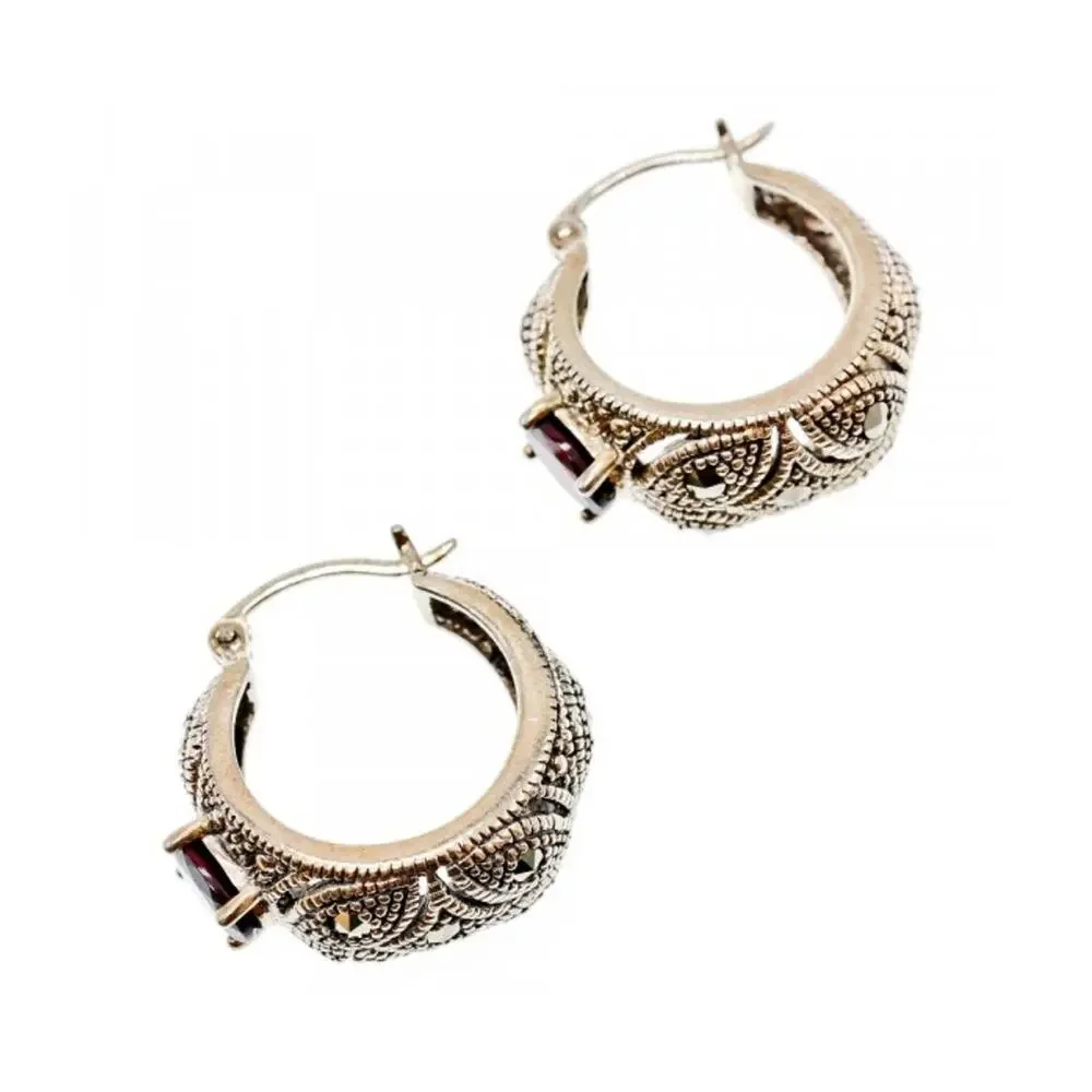 Vintage 925 Sterling Silver Almandine & Marcasites Earrings